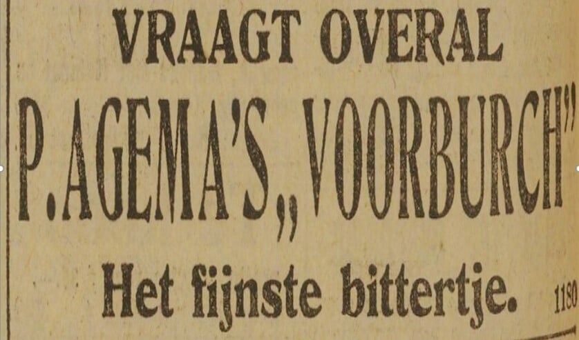 Advertentie uit 1919 voor P. Agema's 'Voorburch'. Het fijnste bittertje.
