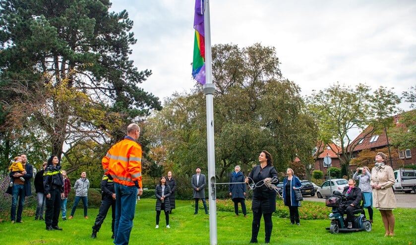 <p>Wethouder Stemerdink hees in het bijzijn van vertegenwoordigers van diverse organisaties de regenboogvlag op het gemeentehuis (foto: Barbara Koppe).</p>