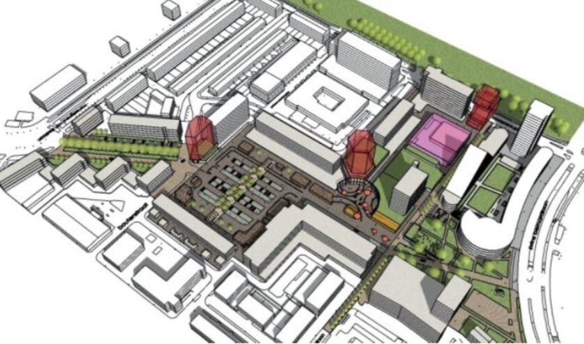 <p>Tekening van het plan met in rood-bruin de voorgestelde woontorens (afbeelding: gemeente).</p>