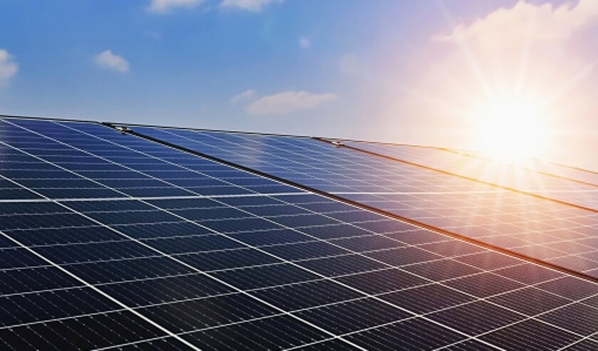 Solar panels with sunset and blue sky background. Clean power energy concept