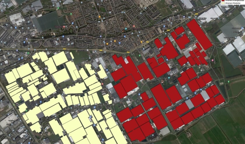 <p>De betrokken tuinbouwbedrijven. Wit is Westerlee, rood is Kralingerpolder. Foto: (PR)</p>