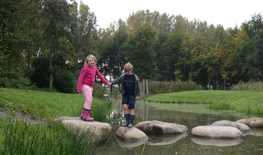 <p>Dannique Klaassen (6) in het roze durft samen met Maas (8) toch nog een keer over de glibberige stenen naar de overkant.</p>