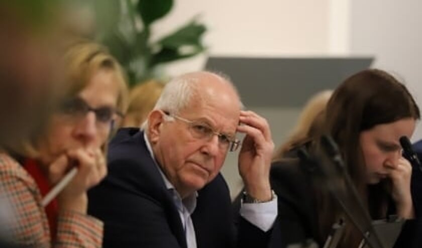 Wethouder Kraaijestein met naast hem wethouder Atzema (links op de foto) tijdens een raadsvergadering.