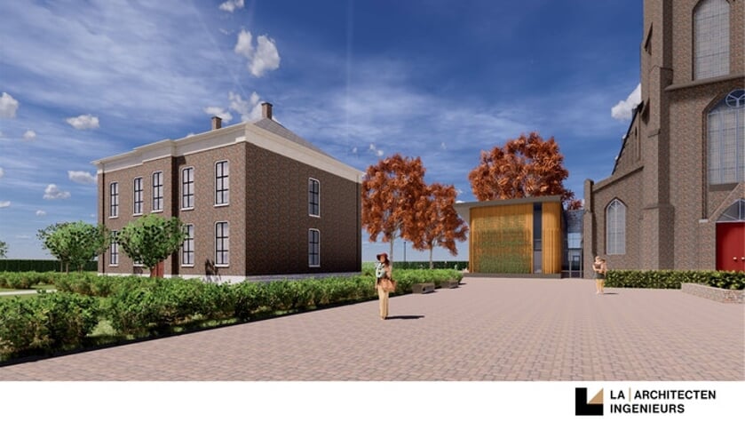 Een ontwerp waarbij de school aan de kerk is gebouwd en waar de pastorie is herbouwd. Dit is een voorbeeld ontwerp, nog geen definitieve versie.