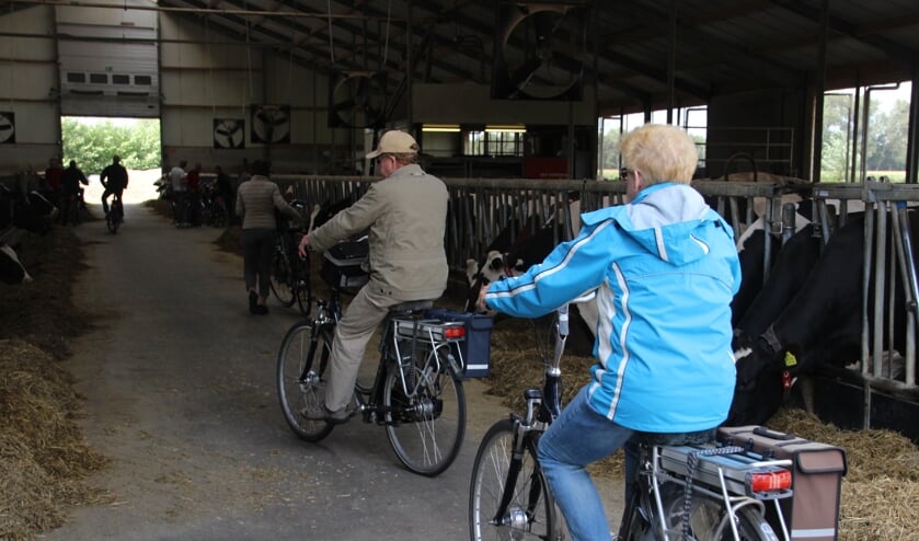 Deelnemers fietsen dwars door een stal.