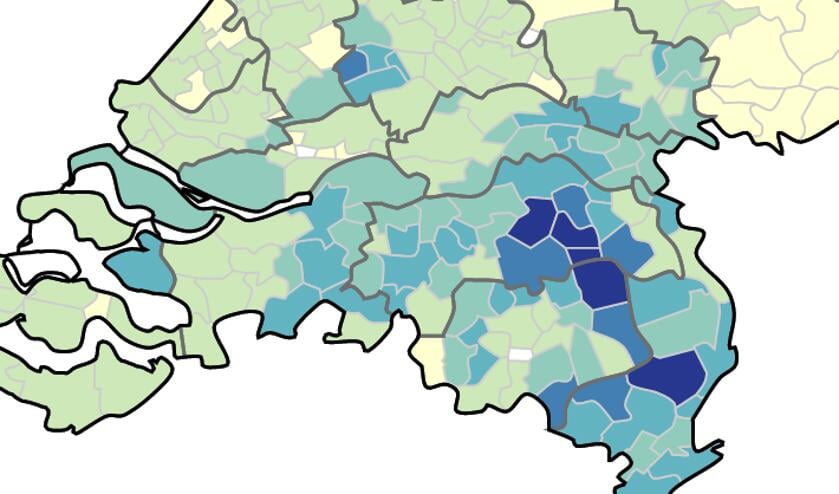 Deze kaart toont het aantal opgenomen patiënten in het ziekenhuis per 100.000 inwoners, zoals doorgegeven door GGD.