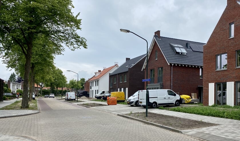 Burgemeester de Kuijperlaan met links grote bomen en rechts de nieuwbouwwijk.