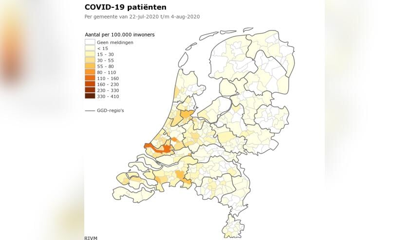 Deze kaart toont over de afgelopen 2 weken het aantal COVID-19 patiënten, zoals gemeld door de GGD’en.