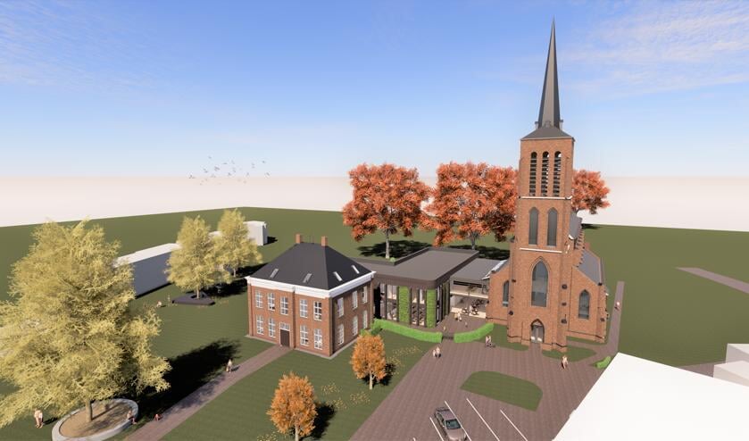 <p>Impressie van de nieuwe Petrus- en Paulusschool en woningen aan en in de kerk in Eerde. </p>
