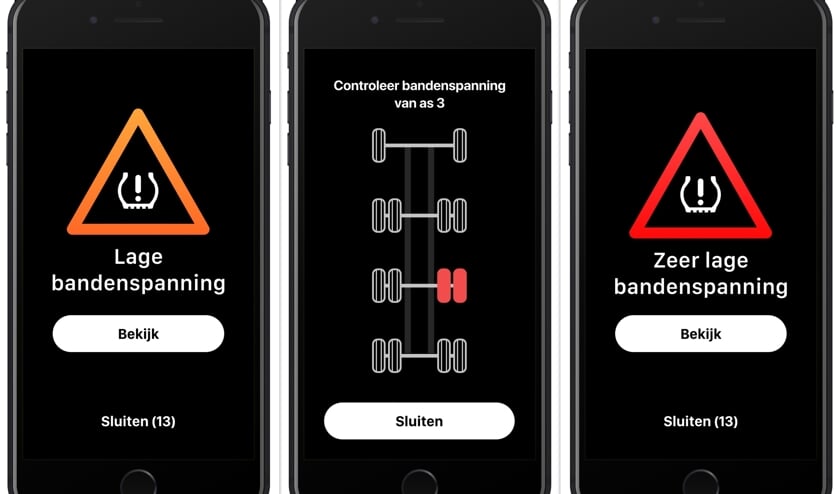 De chauffeur kan in de app zien welke band een afwijkende bandenspanning heeft.