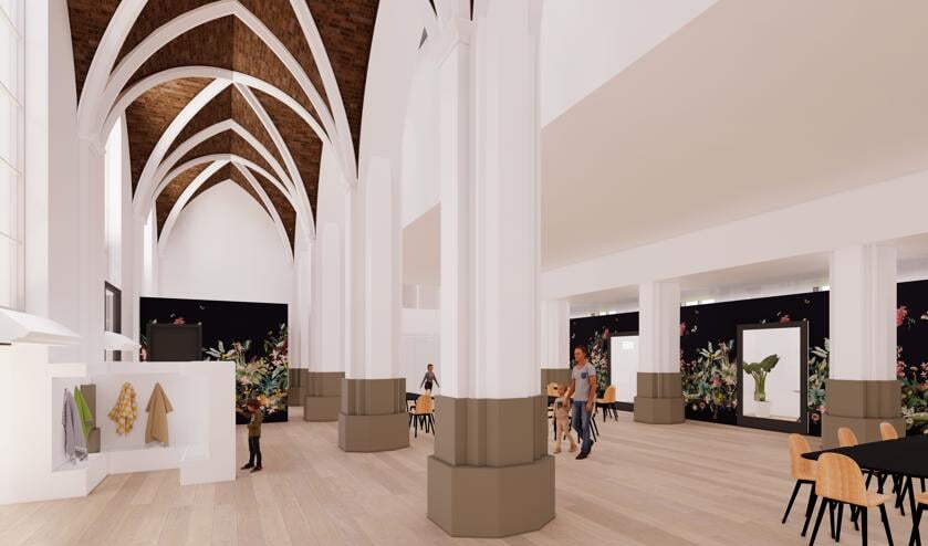 Impressie van de centrale hal van de school in de oude kerk.