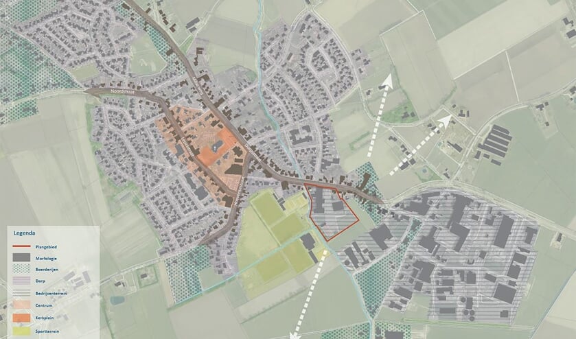 Het plangebied. In rood omlijnd een aanduiding van het plangebied binnen Wanroij.