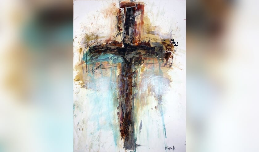 <p>Het thema, Reacties op Jezus’ lijden, belicht met een Cross Art Painting van Michel Keck</p>