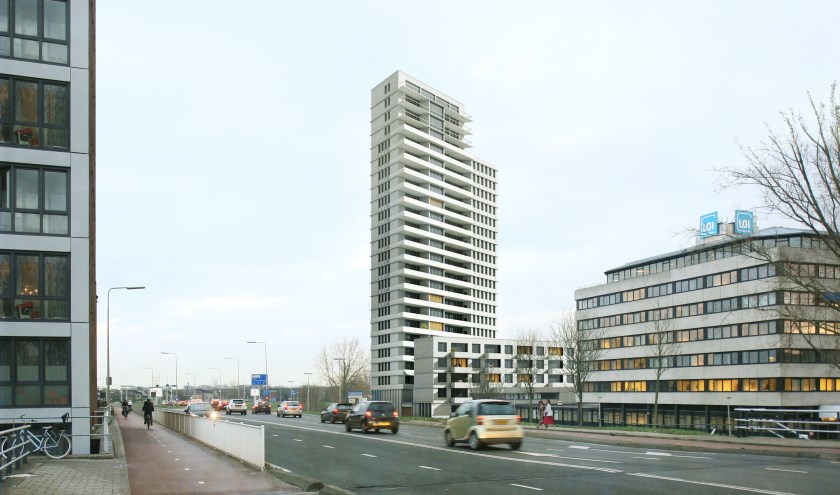 Een artist impressie van de torenflat die moet verrijzen op de hoek van de Engelendaal en de Oude Spoorbaan.