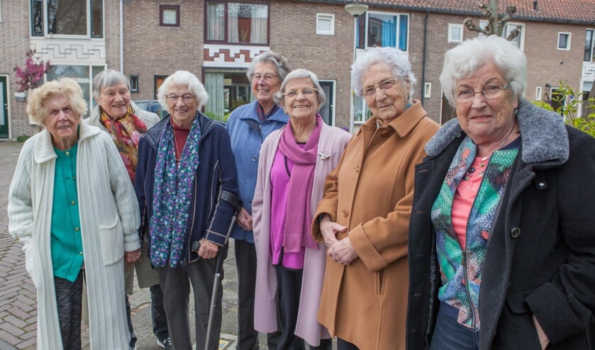 Mevrouw van Straaten, mevrouw Verburg, mevrouw van Haasteren (die nog niet zo heel lang in de straat woont, maar graag gehoor geeft aan de uitnodiging om deel te nemen aan de groepsfoto), mevrouw Van Steenbergen, mevrouw Zwetsloot, mevrouw Prins en mevrouw Dijkstra. | Foto: Brigitte van Elburg