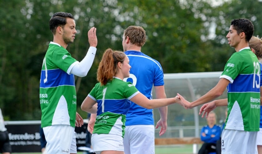 Mitchell de Boer, Debby Halvemaan en Nick van der Zee tijdens de wedstrijd tegen OVVO vorig seizoen.