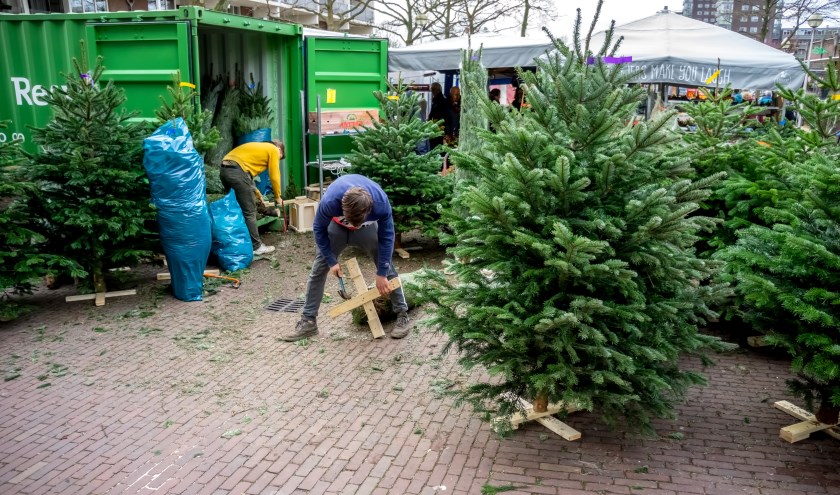 Bij het verkooppunt op het Statendaalderplein worden kerstbomen voorzien van een voet. | Foto: J.P. Kranenbug