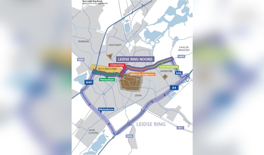 De Oude Spoorbaan (rechtsbovenaan, lichtgroen gemarkeerd) wordt onderdeel van de Leidse Ring Noord.