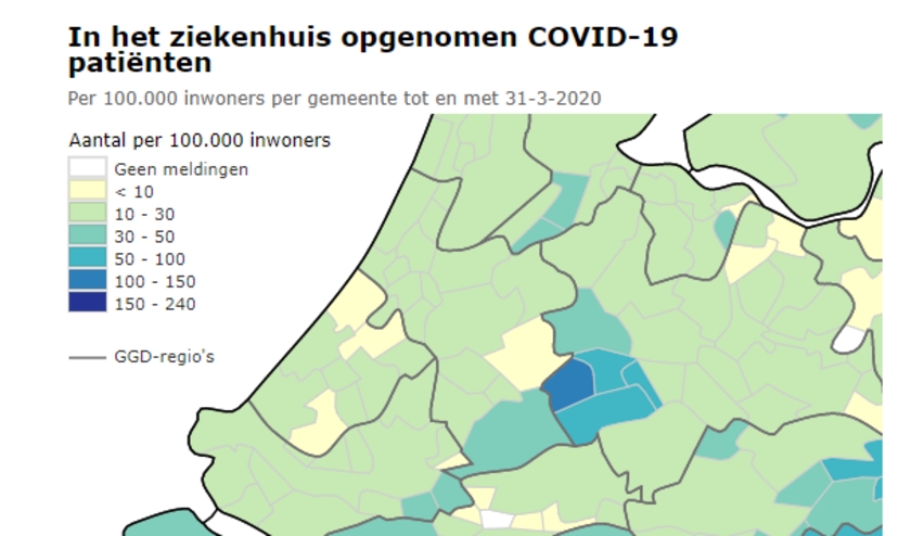 Een deel van de coronakaart van dinsdag 31 maart.