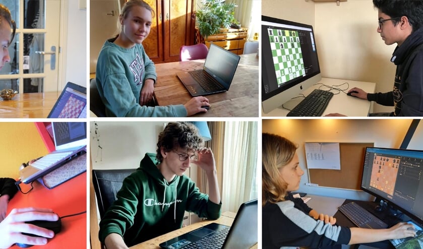 <p>Een aantal van de schakers van het Stedelijk Gymnasium online aan het schaken. | Foto: PR</p>