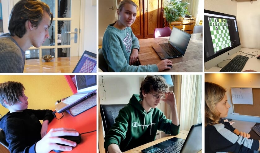 <p>Een aantal van de schakers van het Stedelijk Gymnasium online aan het schaken tijdens het NK Schaken voor Schoolteam Voortgezet Onderwijs. | Foto: PR</p>
