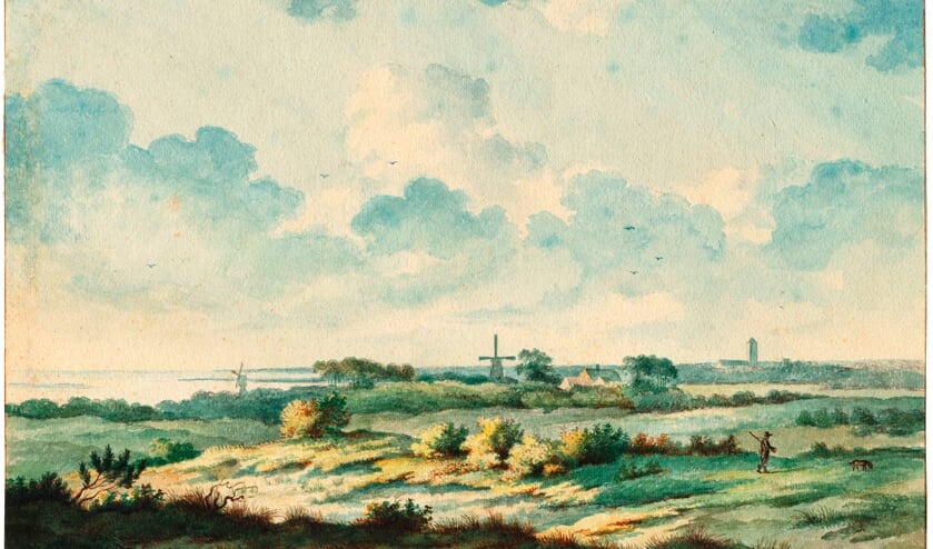 <p>Uitzicht op Lisse vanuit het noordwesten laat allemaal duinen zien. Schilderij van A.J. Eijmer 1803</p>