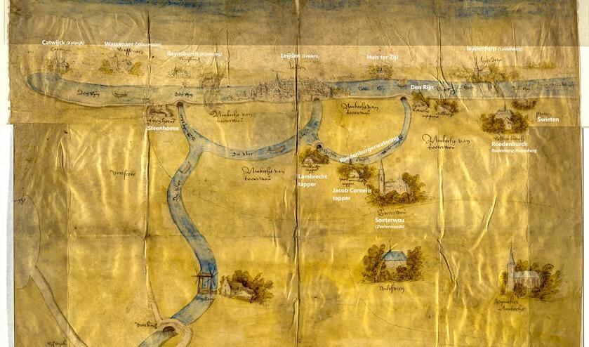 <p>Kaart van de stad 'Leijden' uit plm. 1522 door onbekende maker. | Bron: Stadsarchief Delft (Voor de leesbaarheid zijn de plaatsnamen in witte letters toegevoegd.)</p>