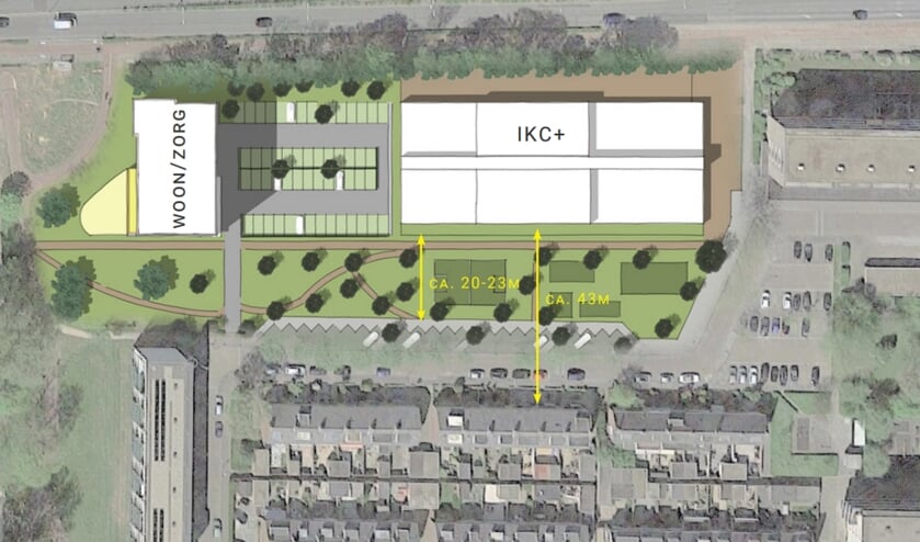 <p>Zo moet de nieuwe situatie van het Integraal Kindcentrum en het woonzorcomplex er uit gaan zien. | Foto: pr</p>