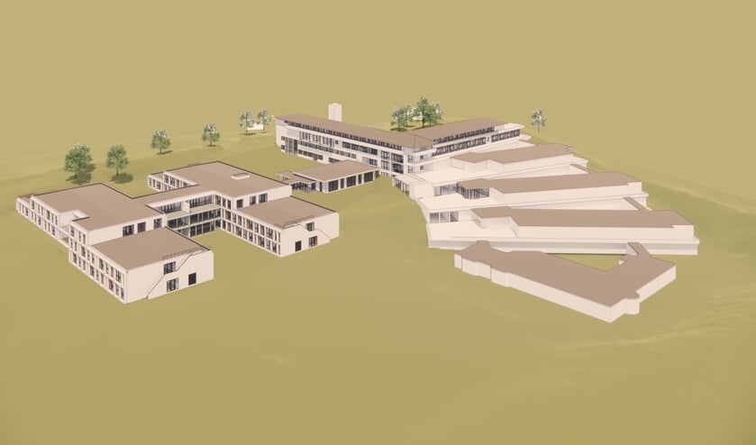 <p>De beoogde nieuwbouw voor de Huntingtonbewoners van Overduin, links op de illustratie. | Illustratie: Van den Berg Architecten Houten</p>